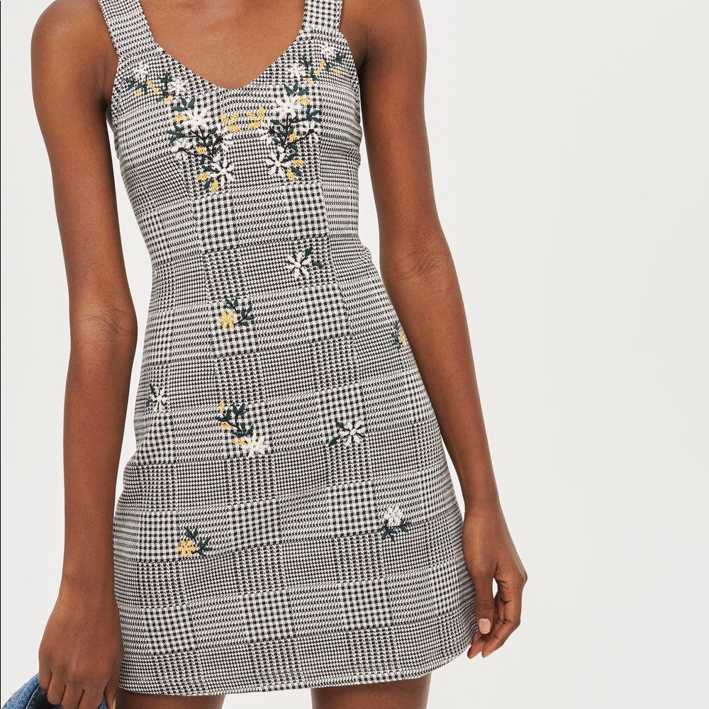 Topshop Gingham Embroidered Dress